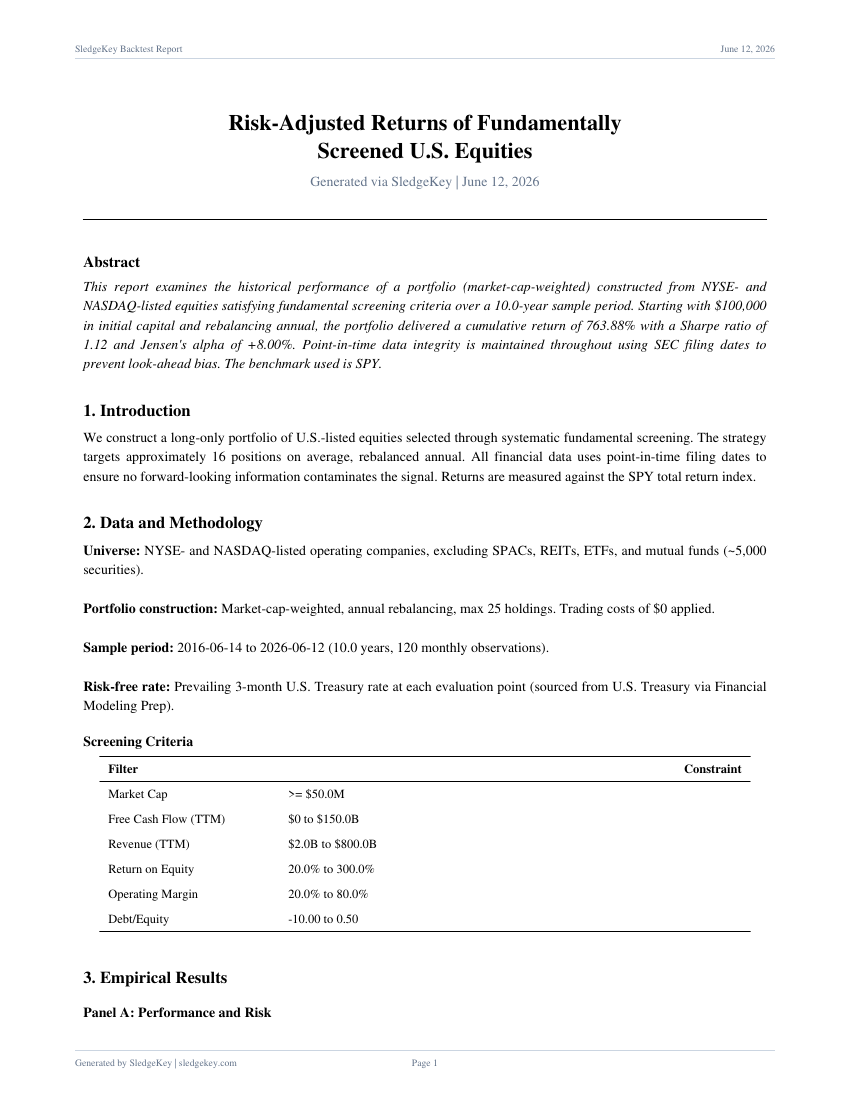 Report page: abstract and screening criteria